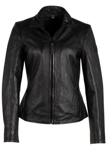 A black Mauritius leather Else jacket displayed against a plain background. The jacket features a streamlined design with a zippered front closure, a classic collar, and long sleeves. It appears to have a smooth texture with a slight sheen, indicative of quality leather material. The fit seems tailored, suggesting a structured yet comfortable silhouette.