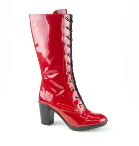 Glamille Patent Scarlet boot with a 3 inch black block heel and inside zip.