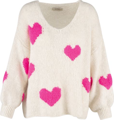 Astrid heart sweater with pink hearts on a cream background. Oversized fit