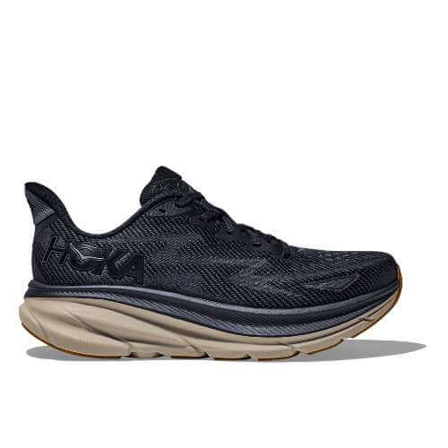 Men's Hoka Clifton 9 in navy blue with a taupe midsole on a white background