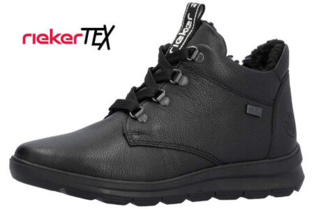 Rieker Kazan waterproof bootie in black on a white background