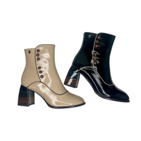 Aquaflex Patent Boots with multi grain wood finish heel.