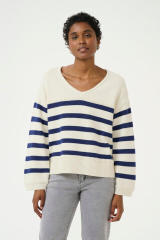 Model wearing the Cream CRMuka sweater in cream and cobalt blue.