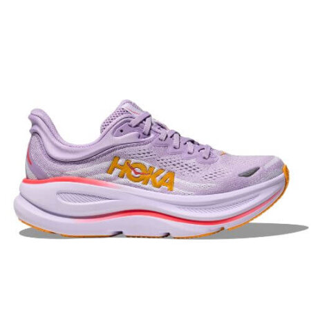 Hoka Bondi 9 women's on a white background in aster flower / starlight glow.