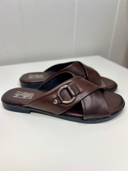 Miz Mooz Lenni slide in dark brown on a white background